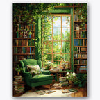 Paint by numbers design of reading nook, bookshelves, sunlit window, green armchair
