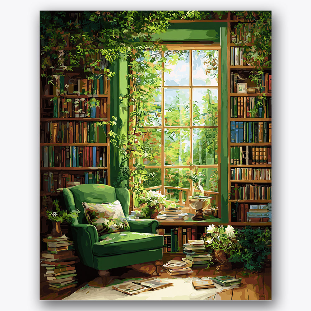 Paint by numbers design of reading nook, bookshelves, sunlit window, green armchair