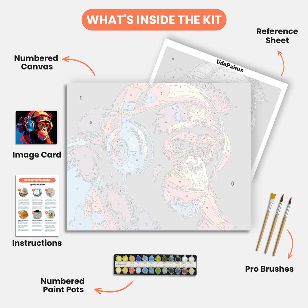 Groovy Chimp Paint by Numbers Kit – includes numbered canvas, paint pots, brushes, and instructions