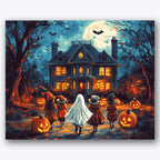 Paint by numbers design of children, haunted house, full moon backdrop, costumed children