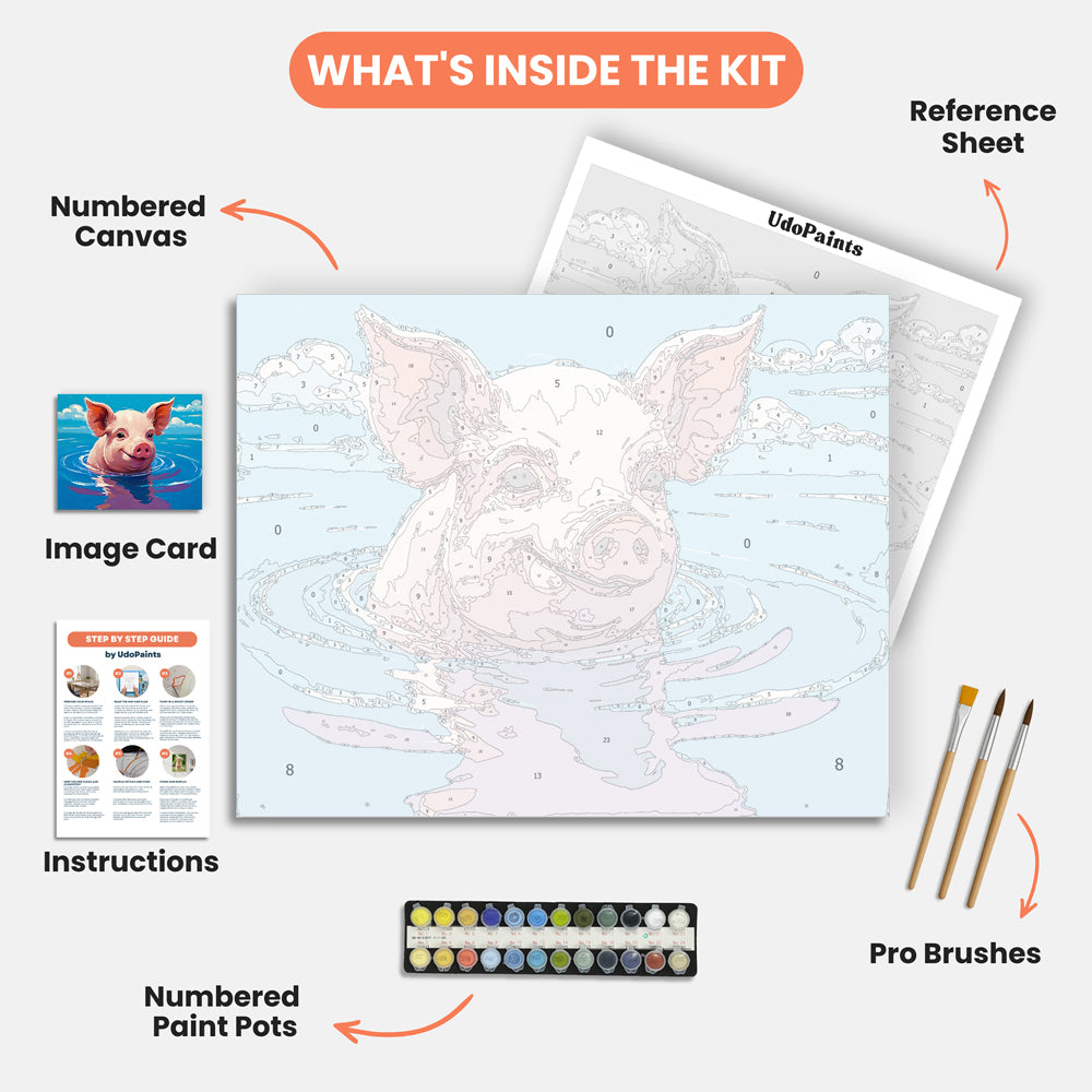 Happy Piglet Swim Paint by Numbers Kit – includes numbered canvas, paint pots, brushes, and instructions