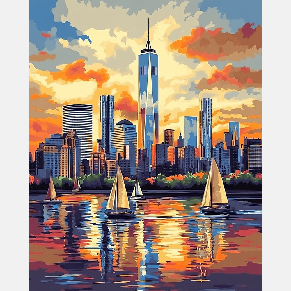 Harbor Skyscrapers Paint by Numbers Kit design preview showing the full artwork layout before painting