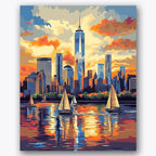 Paint by numbers design of skyscrapers, sailboats, sunset hues, city skyline reflection