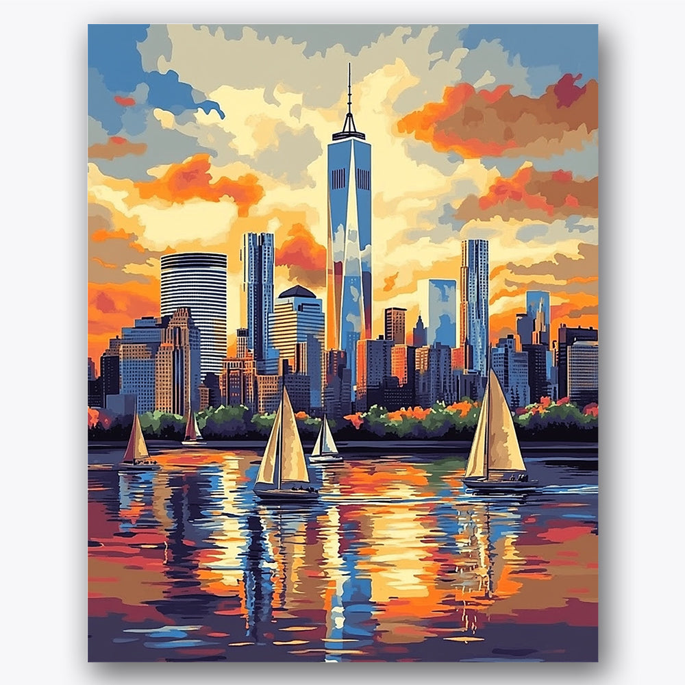Paint by numbers design of skyscrapers, sailboats, sunset hues, city skyline reflection