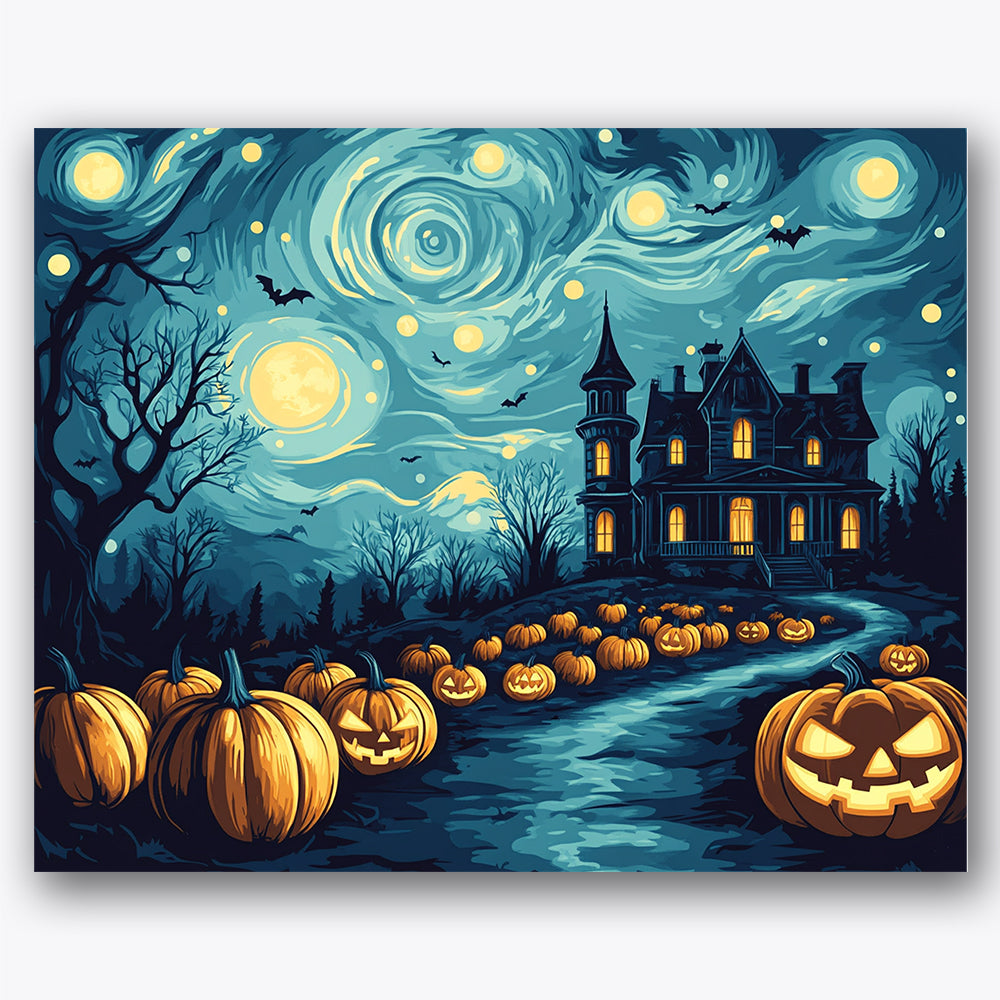 Paint by numbers design of haunted house, pumpkins, glowing jack-o-lanterns, twisted leafless tree