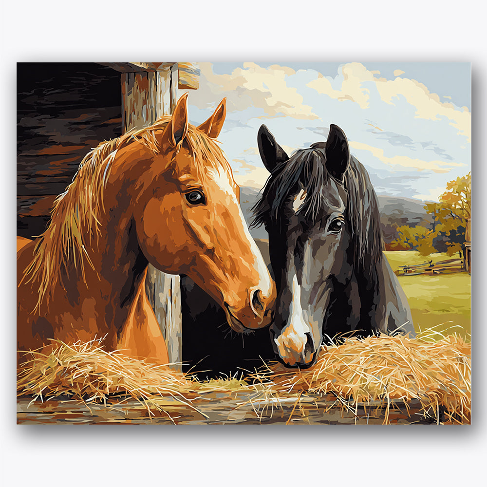 Paint by numbers design of horses, hay, chestnut and black horses, weathered wooden fence