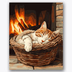 Paint by numbers design of cat, basket, ginger cat sleeping, wicker basket texture