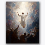 Paint by numbers design of ascension, figures, cloudy backdrop, figures reaching upward