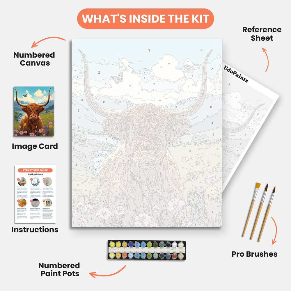 Highland Serenity Paint by Numbers Kit – includes numbered canvas, paint pots, brushes, and instructions