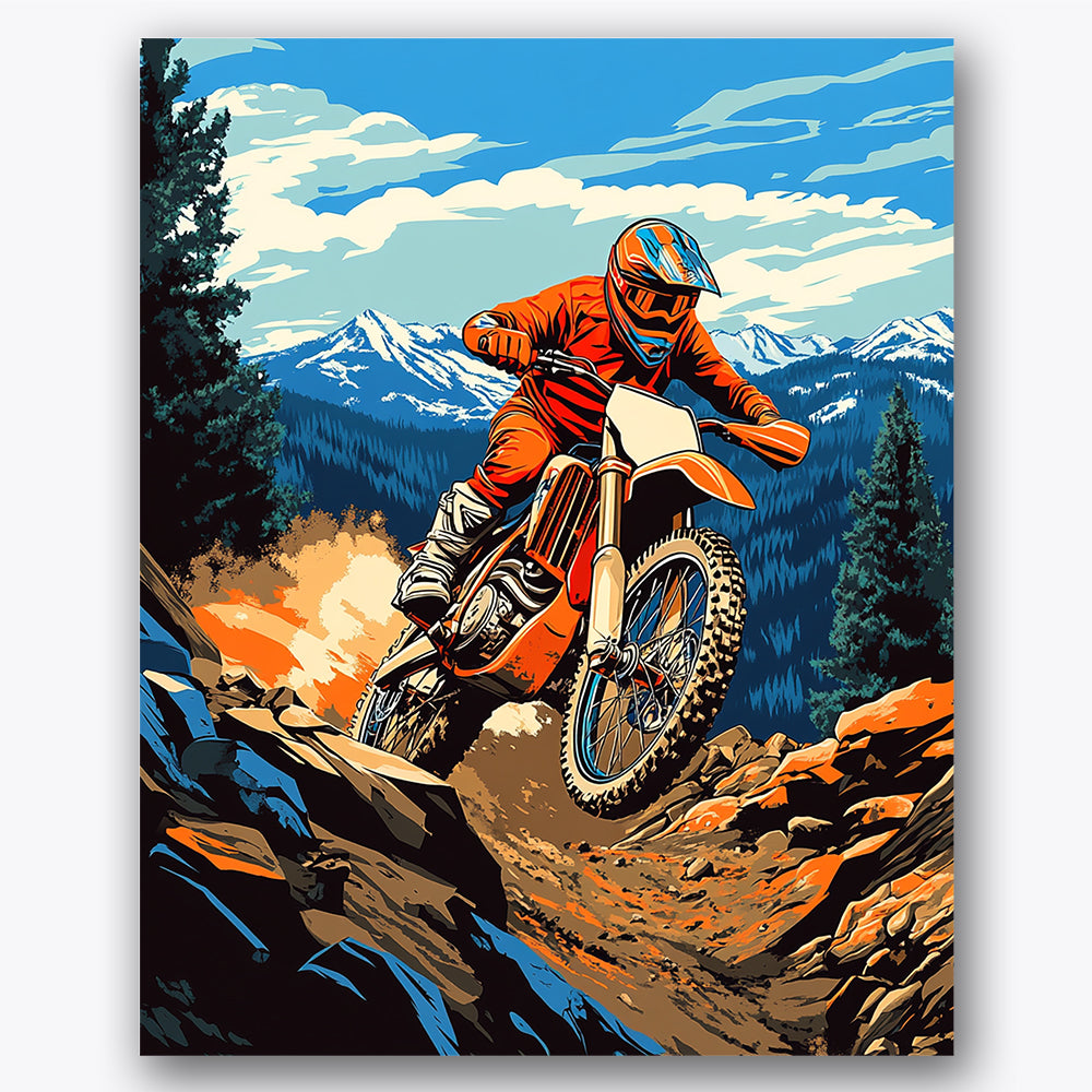 Paint by numbers design of motorcyclist, mountain landscape, dynamic motorbike, rocky path detail