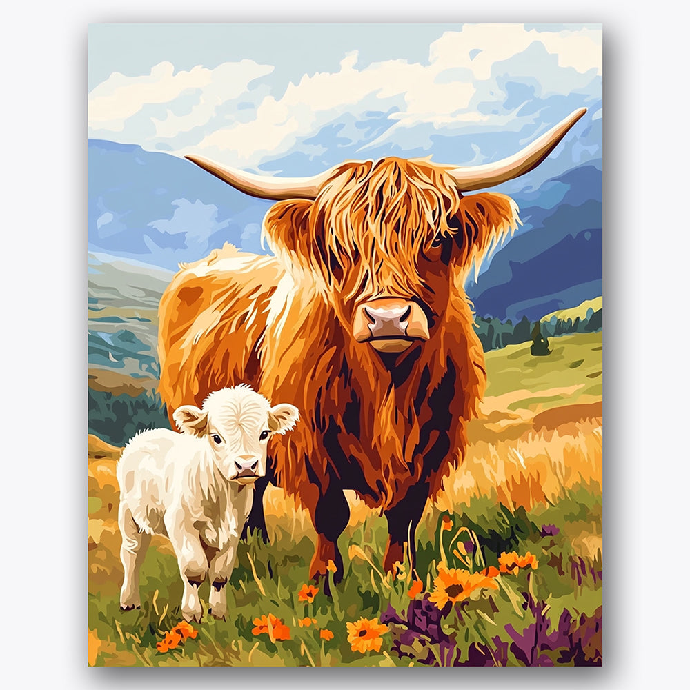 Paint by numbers design of highland cows, wildflowers, shaggy fur details, golden brown coat