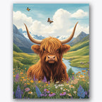 Paint by numbers design of Highland cow, butterflies, vibrant wildflowers, snow-capped mountains