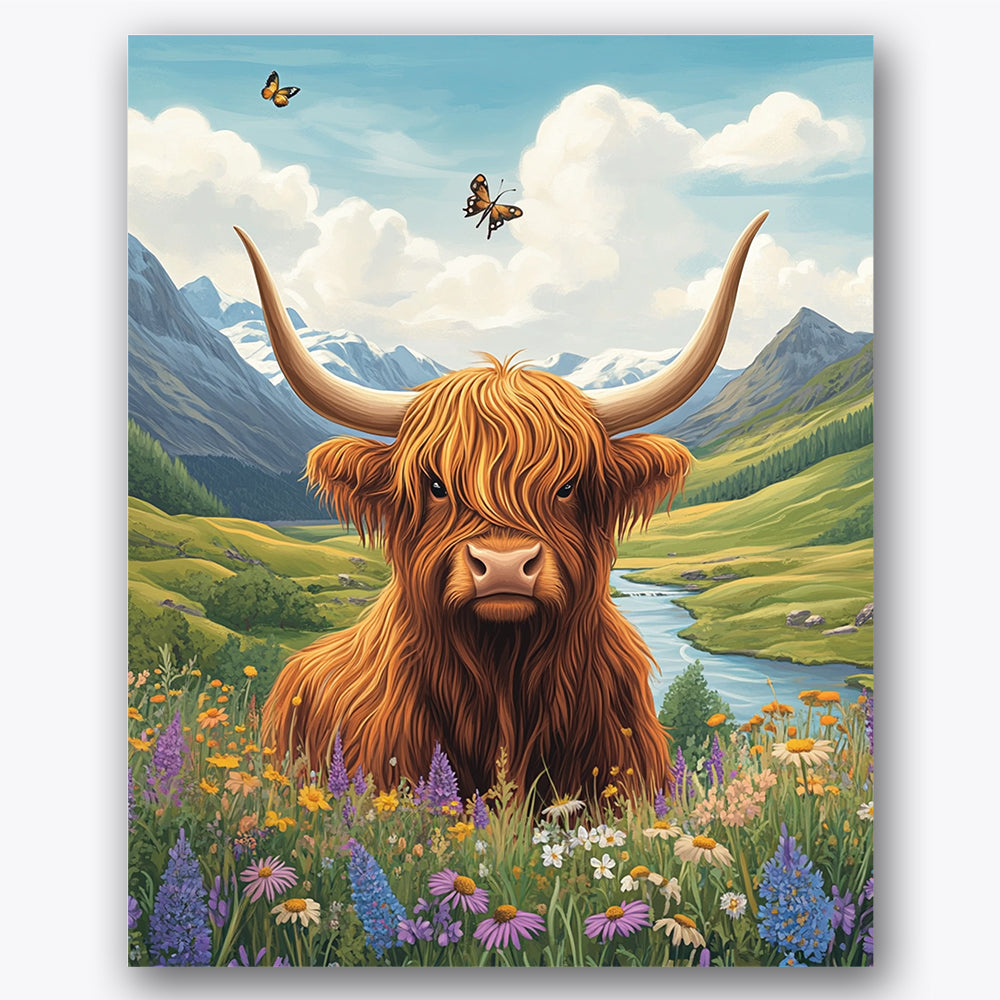 Paint by numbers design of Highland cow, butterflies, vibrant wildflowers, snow-capped mountains