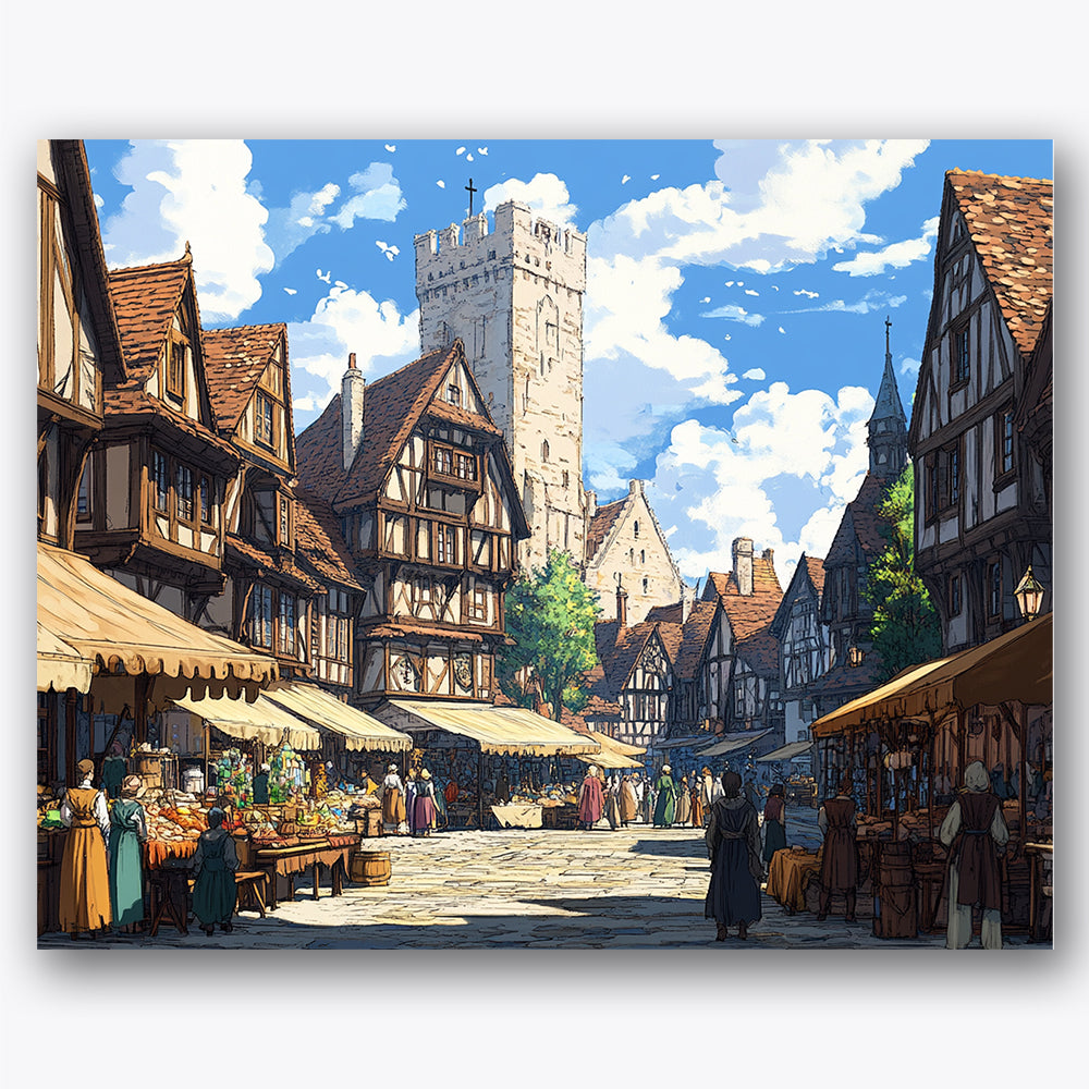 Paint by numbers design of marketplace, historic buildings, quaint timber buildings, vibrant market stalls