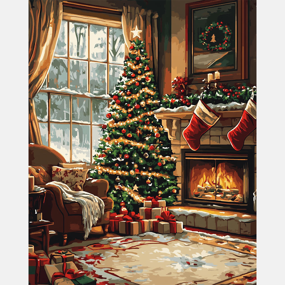 Holiday Fireplace Paint by Numbers Kit design preview showing the full artwork layout before painting