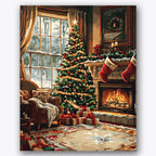 Paint by numbers design of Christmas tree, fireplace, ornamented Christmas tree, glowing fireplace