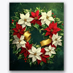 Paint by numbers design of poinsettia wreath, holly leaves, red poinsettias, white poinsettias