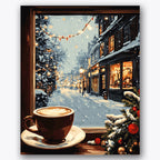 Paint by numbers design of street view, coffee cup, twinkling holiday lights, snow-covered street