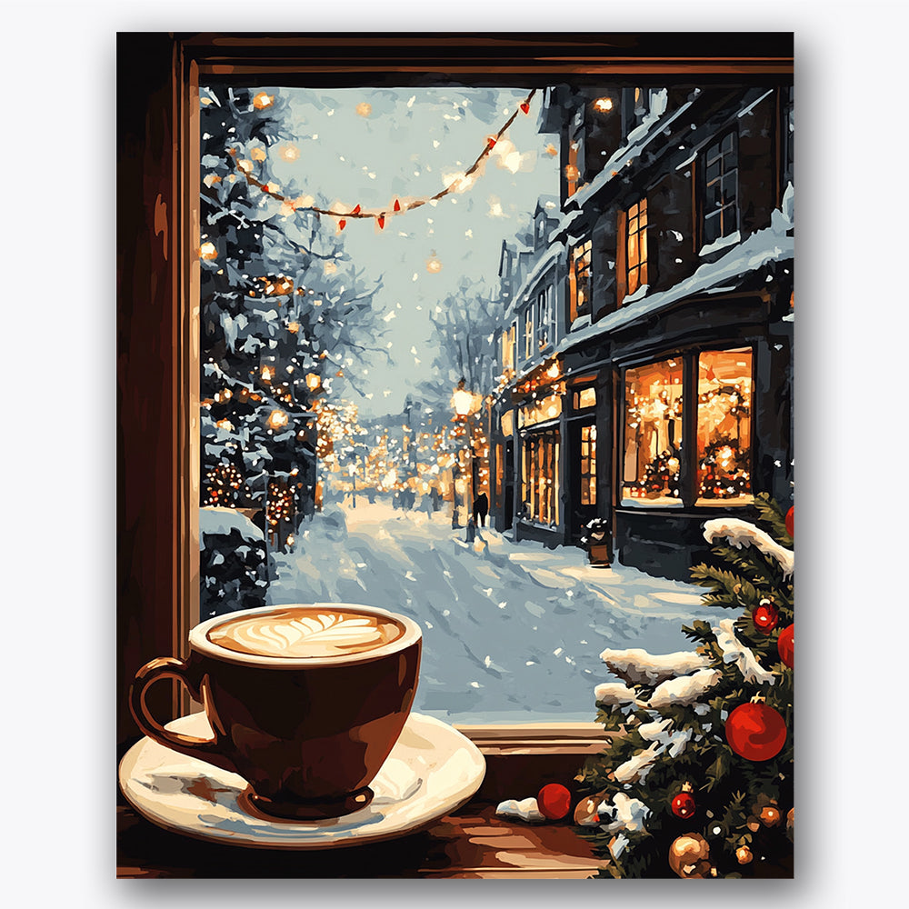 Paint by numbers design of street view, coffee cup, twinkling holiday lights, snow-covered street