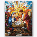 Paint by numbers design of nativity scene, holy figures, radiant sunbursts, vibrant stained-glass colors
