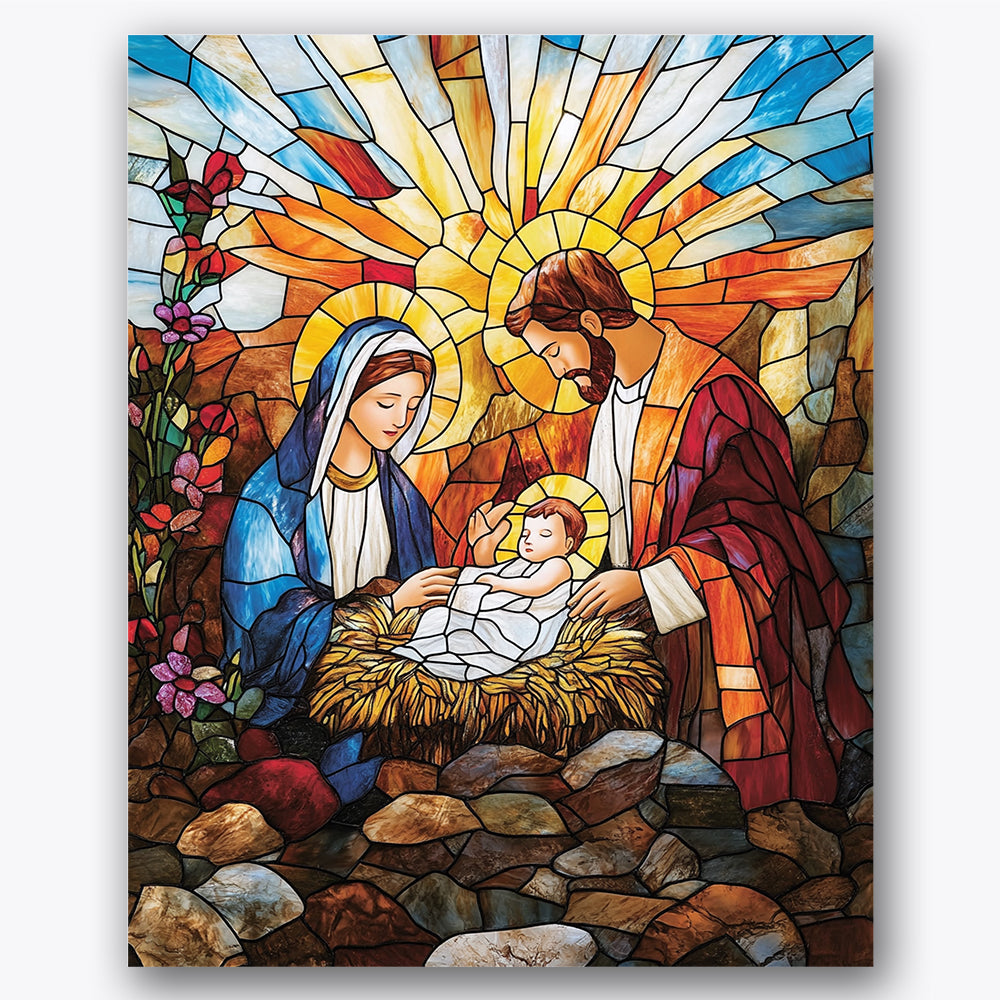 Paint by numbers design of nativity scene, holy figures, radiant sunbursts, vibrant stained-glass colors