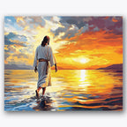 Paint by numbers design of figure, sunset, vibrant orange sky, shimmering water reflections