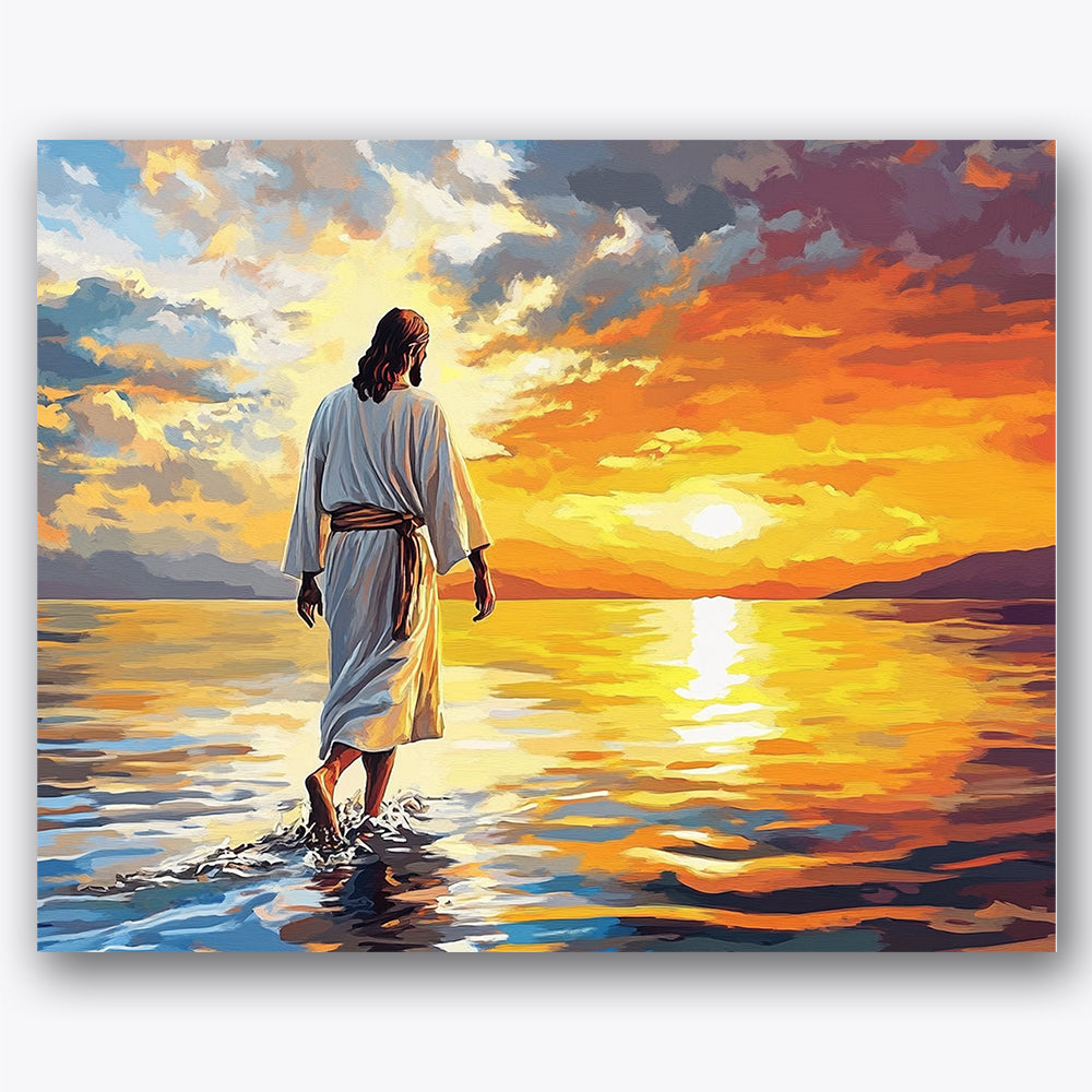 Paint by numbers design of figure, sunset, vibrant orange sky, shimmering water reflections