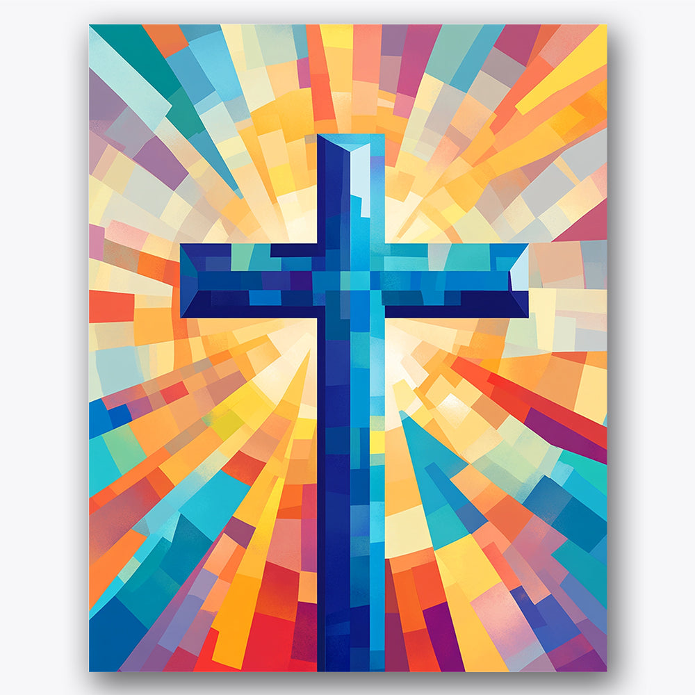 Paint by numbers design of cross, radiant colors, blue cross center, radiant color beams, A vibrant cross with radiant