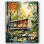 Paint by numbers design of glass house, autumn forest, modern glass architecture, autumn leaves