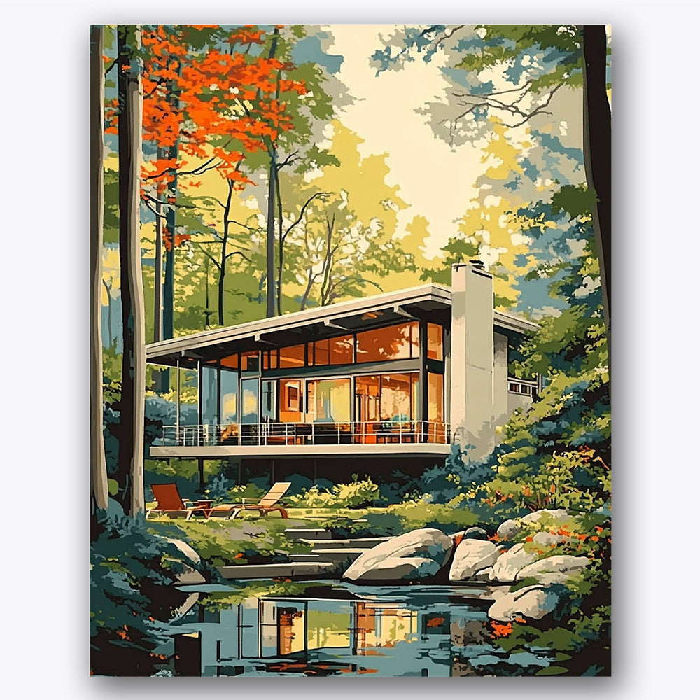 Paint by numbers design of glass house, autumn forest, modern glass architecture, autumn leaves