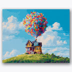 Paint by numbers design of floating house, colorful balloons, vivid blue sky, cluster of colorful balloons