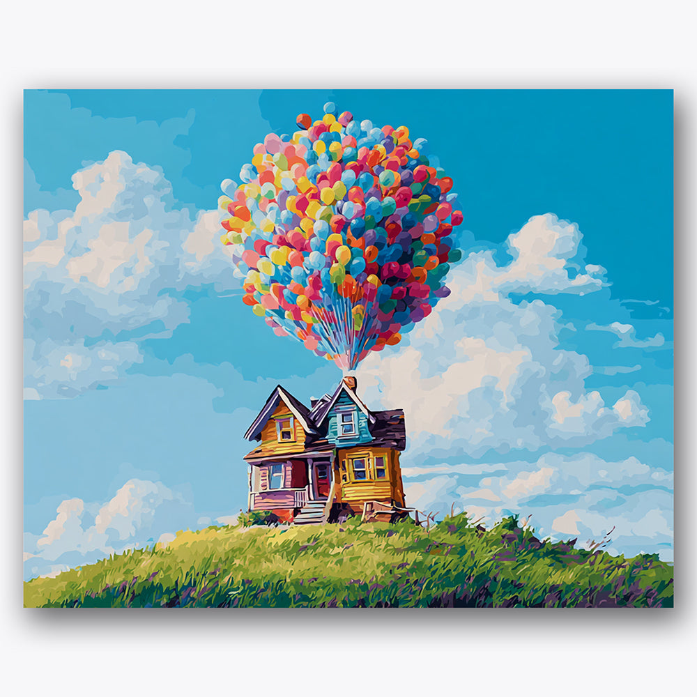 Paint by numbers design of floating house, colorful balloons, vivid blue sky, cluster of colorful balloons