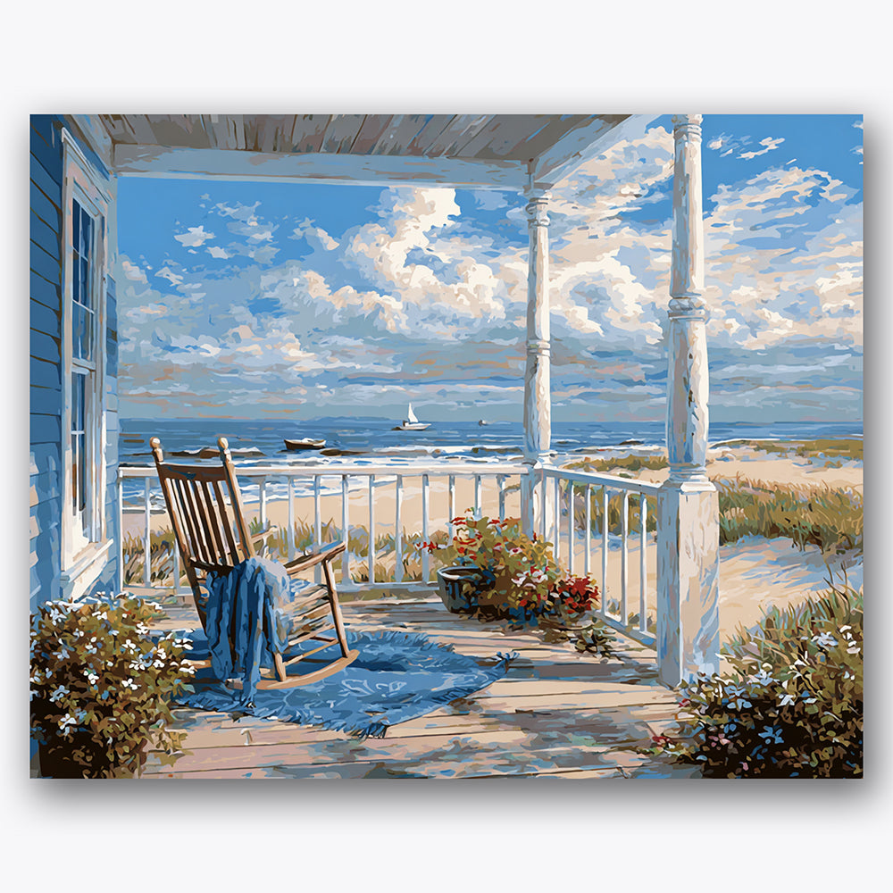 Paint by numbers design of beachside porch, wooden rocking chair, wooden railing details, vibrant coastal flowers