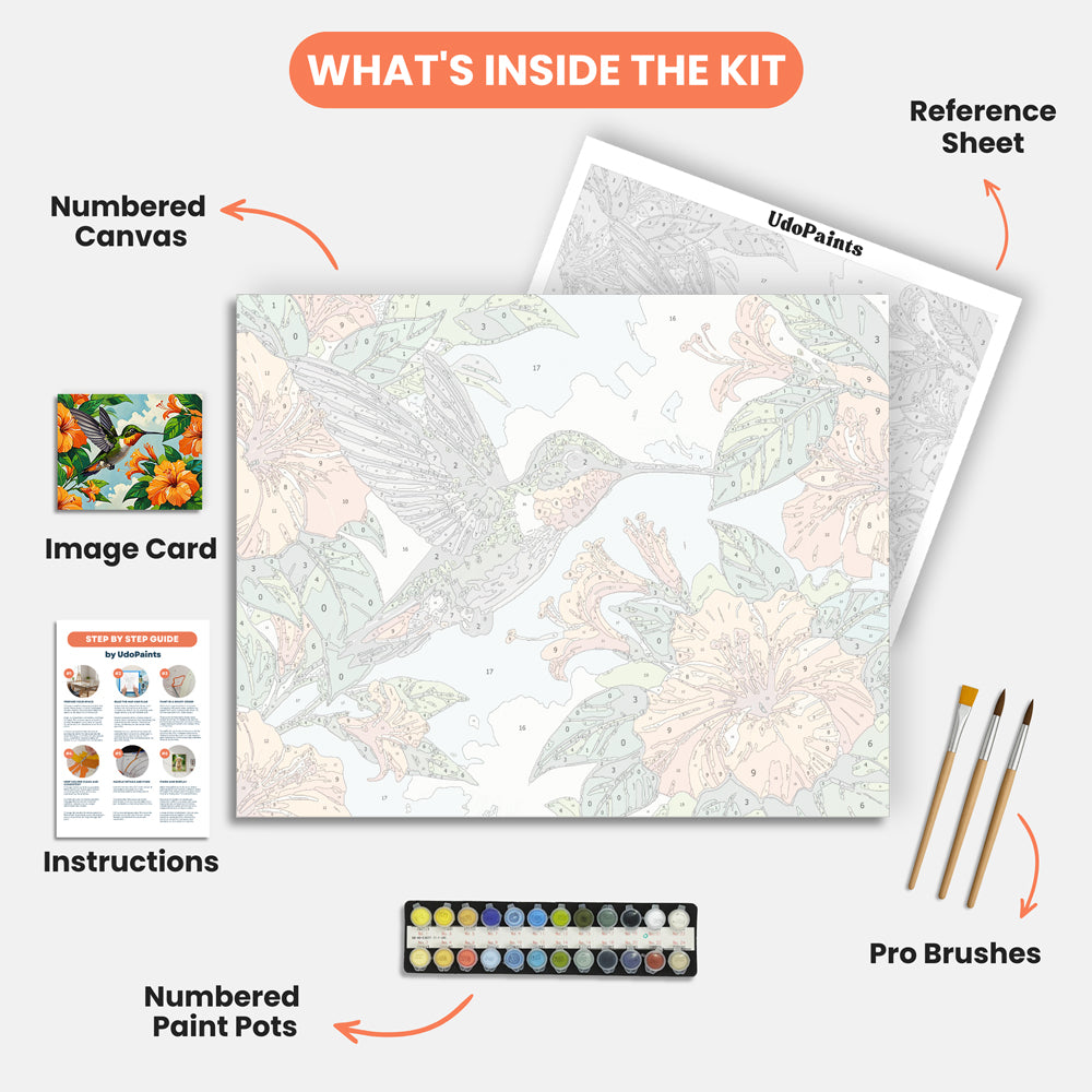 Hummingbird Delight Paint by Numbers Kit – includes numbered canvas, paint pots, brushes, and instructions