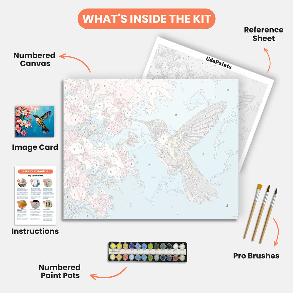 Hummingbird Harmony Paint by Numbers Kit – includes numbered canvas, paint pots, brushes, and instructions