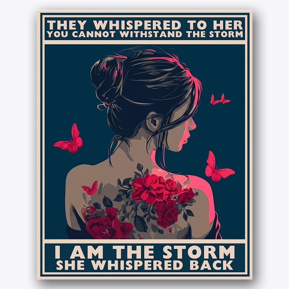Paint by numbers design of woman, butterflies, red floral tattoos, butterflies in flight