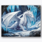 Paint by numbers design of ice dragon, icicles, majestic white dragon, sparkling icicles