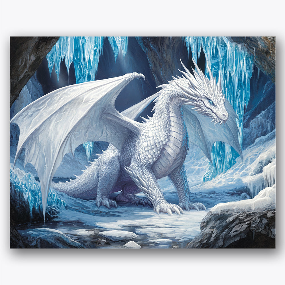 Paint by numbers design of ice dragon, icicles, majestic white dragon, sparkling icicles