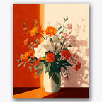 Paint by numbers design of flowers, vase, bright orange and white flowers, tall green leaves