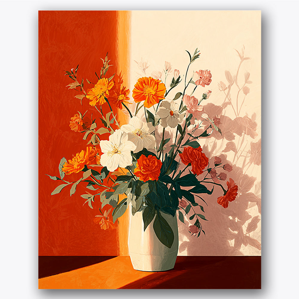 Paint by numbers design of flowers, vase, bright orange and white flowers, tall green leaves