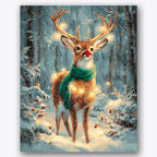 Paint by numbers design of reindeer, forest, glowing antler lights, green scarf