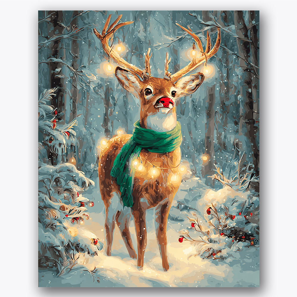 Paint by numbers design of reindeer, forest, glowing antler lights, green scarf