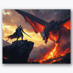 Paint by numbers design of knight, dragon, armor s metallic sheen, dragon s fiery wings