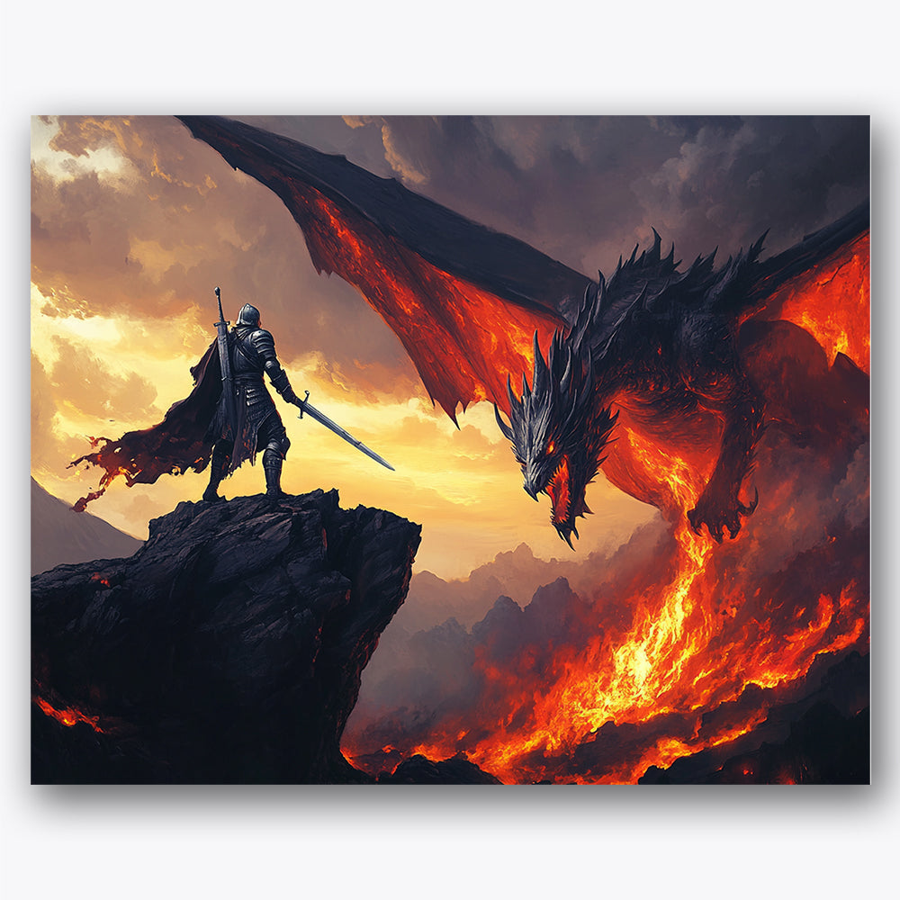 Paint by numbers design of knight, dragon, armor s metallic sheen, dragon s fiery wings