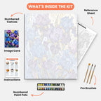 Iris Symphony Paint by Numbers Kit – includes numbered canvas, paint pots, brushes, and instructions