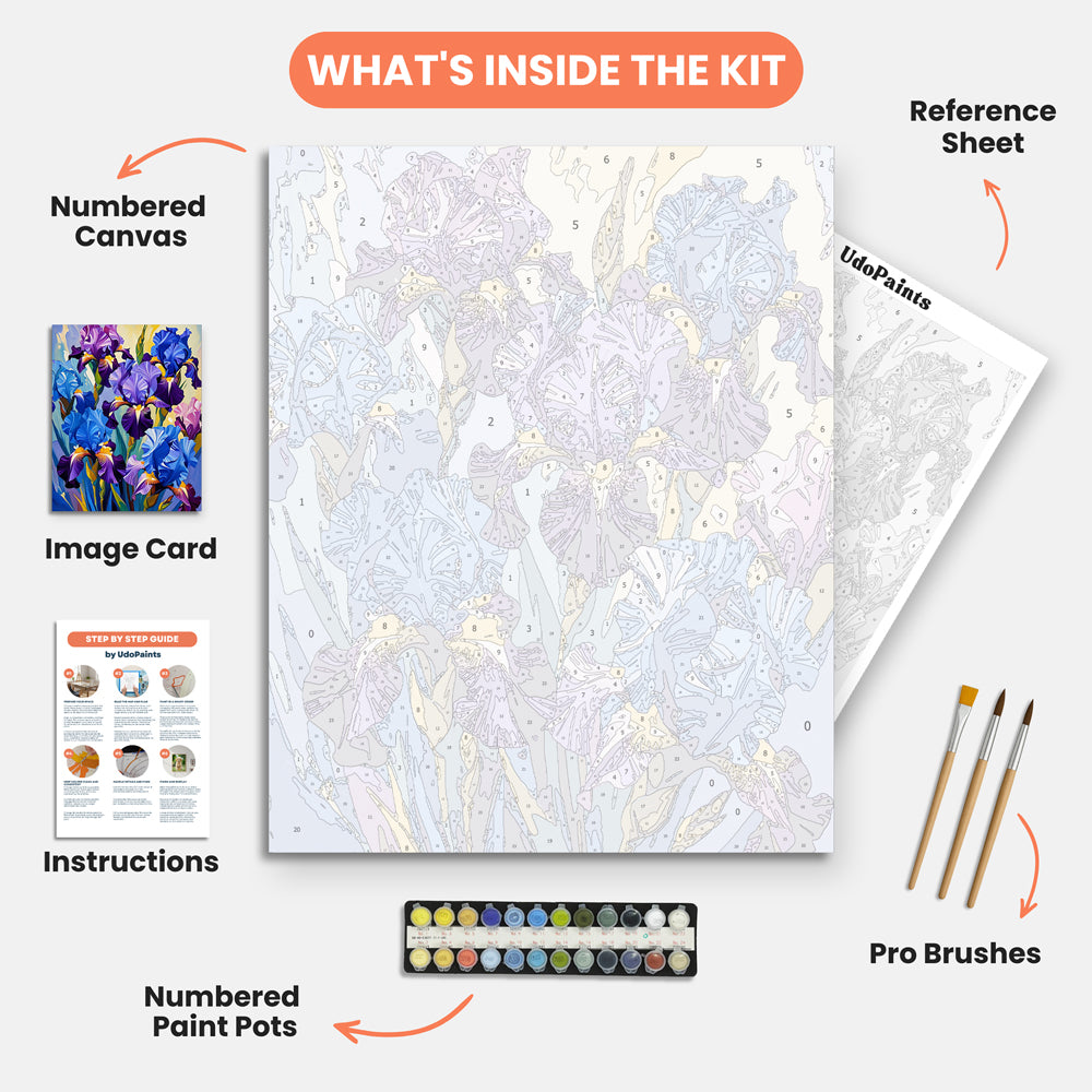 Iris Symphony Paint by Numbers Kit – includes numbered canvas, paint pots, brushes, and instructions