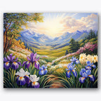 Paint by numbers design of irises, mountain valley, purple irises in foreground, rolling green hills