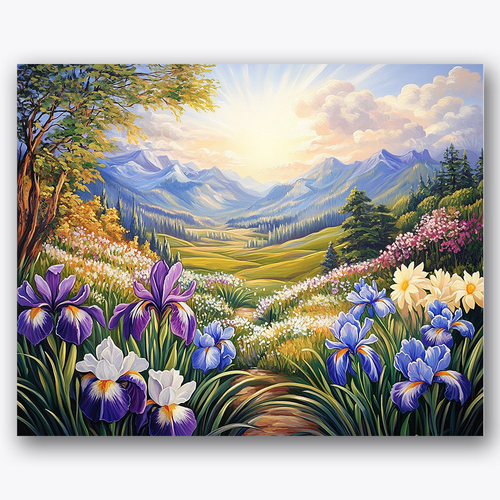 Paint by numbers design of irises, mountain valley, purple irises in foreground, rolling green hills