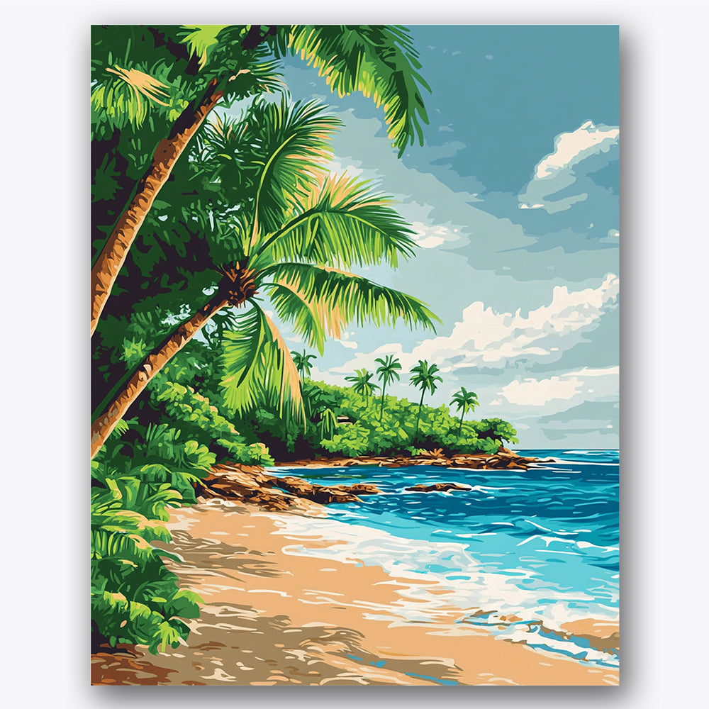 Paint by numbers design of beach, palm trees, lush palm trees, sparkling ocean waves