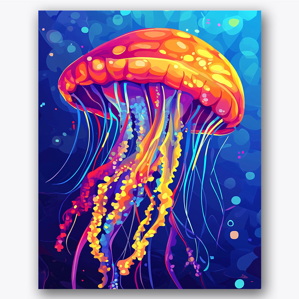 Paint by numbers design of jellyfish, neon tentacles, glowing orange cap, neon pink tentacles